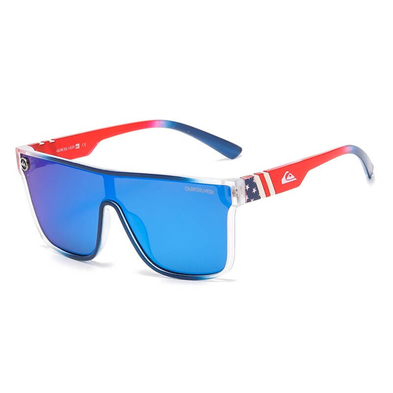 Stylish oversized sports goggles with blue anti-reflective lenses, plastic frames, UV400 protection, perfect for beach sports.